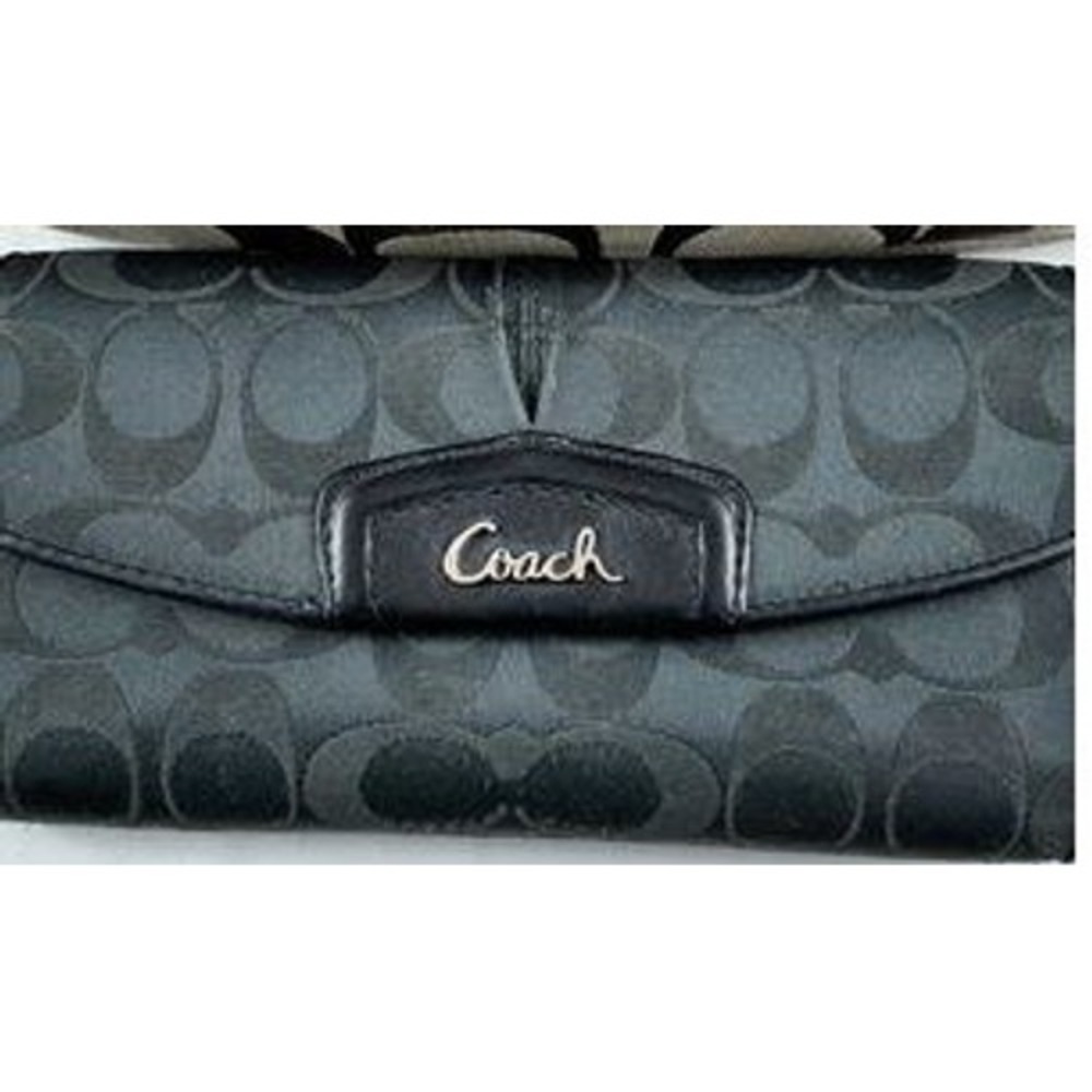 Coach Black Signature C Jacquard Trifold Wallet Monogram Leather Trim Snap Slim